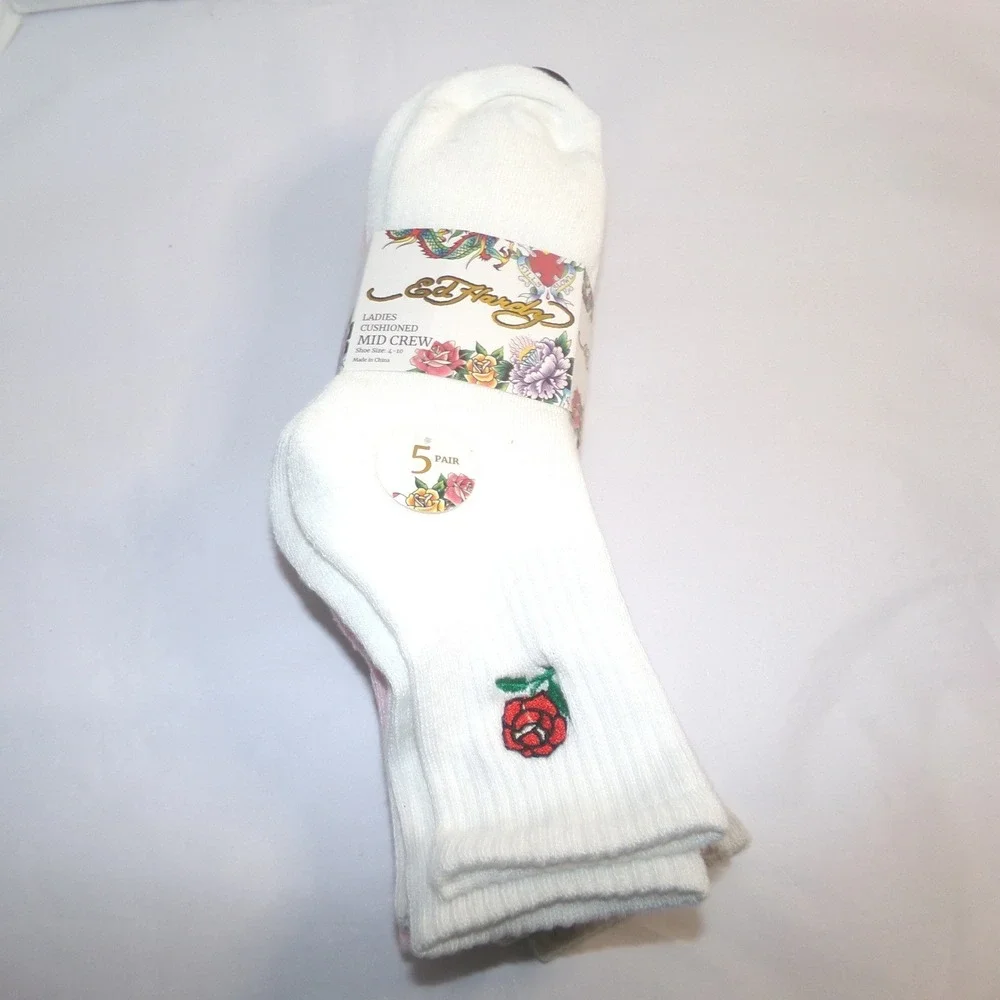 Ed Hardy Womens Crew Socks 5 Pack Ivory Pink Grey Rose Winged Heart New NWT